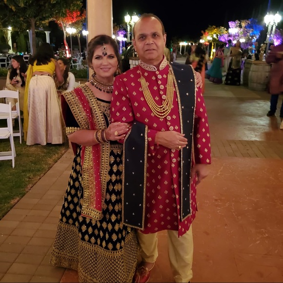 Royal Blue & Red Sherwani with Gold Accents - Picture 2 of 3